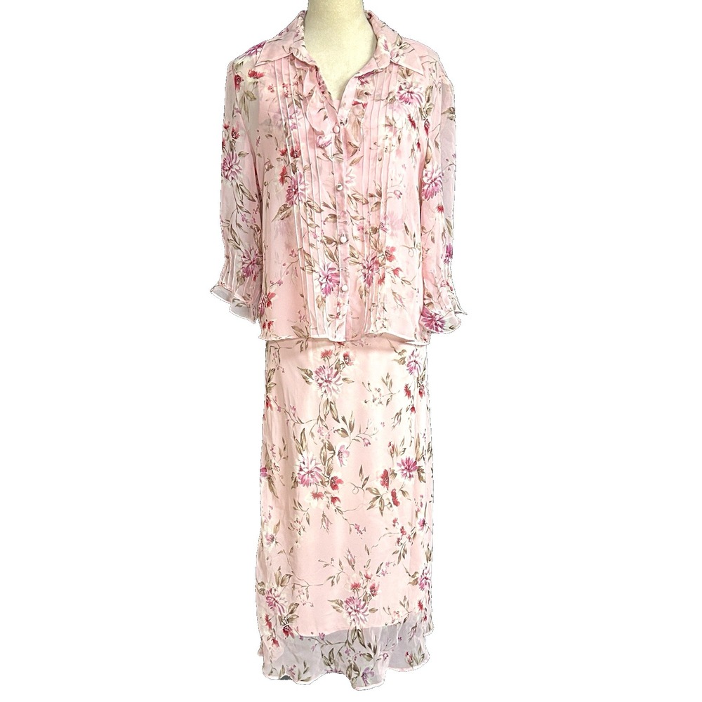 Vintage KS Petite Collection Cottage Floral Maxi Dress Sheer Blouse Top 90's 14P